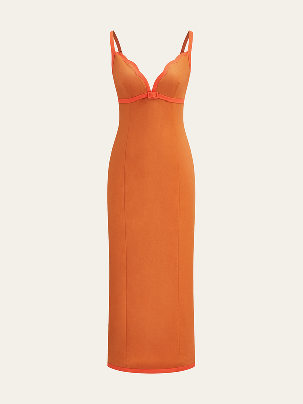 Keten ve Pamuklu Kontrast Kesim Uzun Elbise 