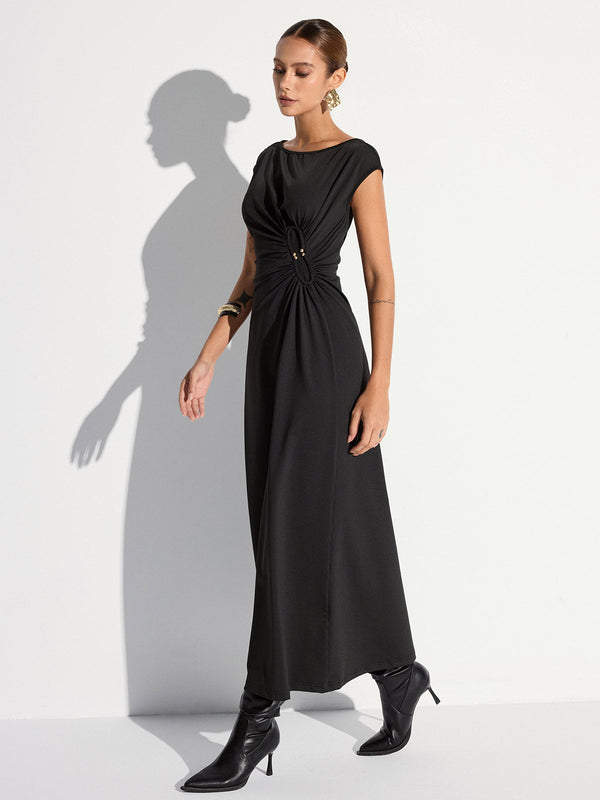 Cap Sleeve Ruched Backless Maxi Dress