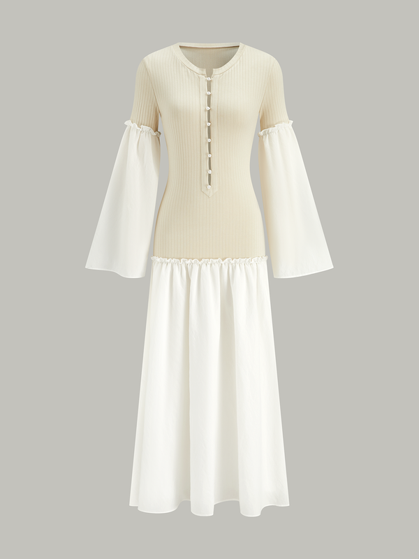 Çan Kollu Kontrast Panelli Ribanalı Uzun Elbise 