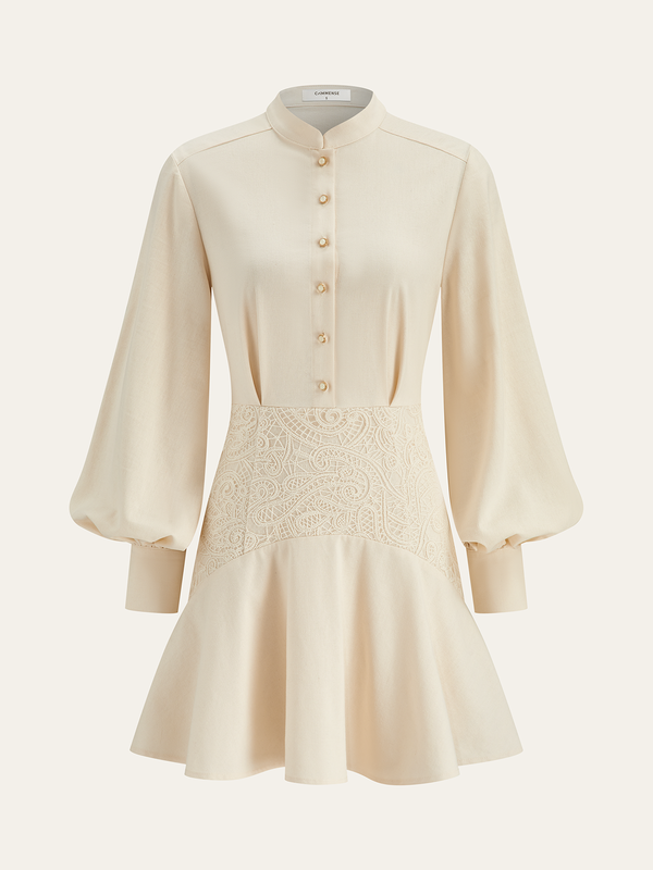 Dik Yaka Düğmeli Dantel Bel Elbise 