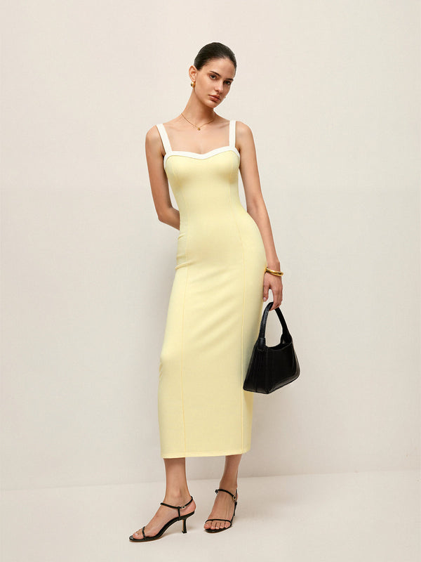 Kontrast Kesim Askılı Midi Elbise 