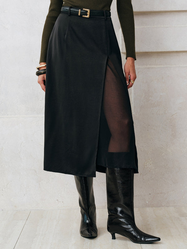 Kemersiz Şeffaf Yırtmaçlı Midi Etek 