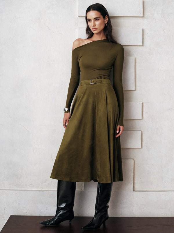 Suede A-Line Midi Skirt