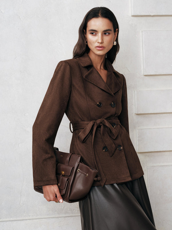 Kemerli Kruvaze Süet Ceket