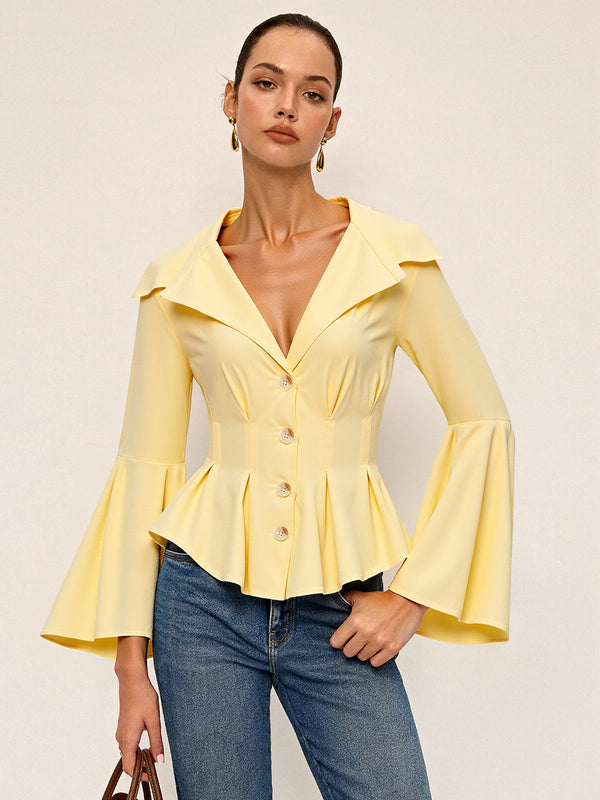 Lapel-Collar Bell Sleeve Peplum Shirt