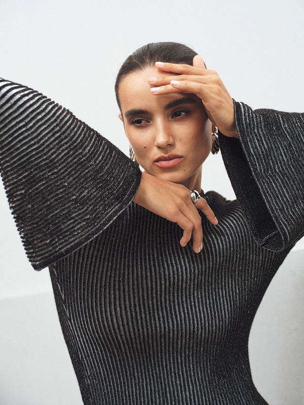 Flared Sleeve Striped Mock Neck Sweater