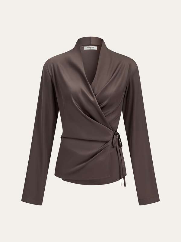 Satin Wrap-Front Long-Sleeve Top