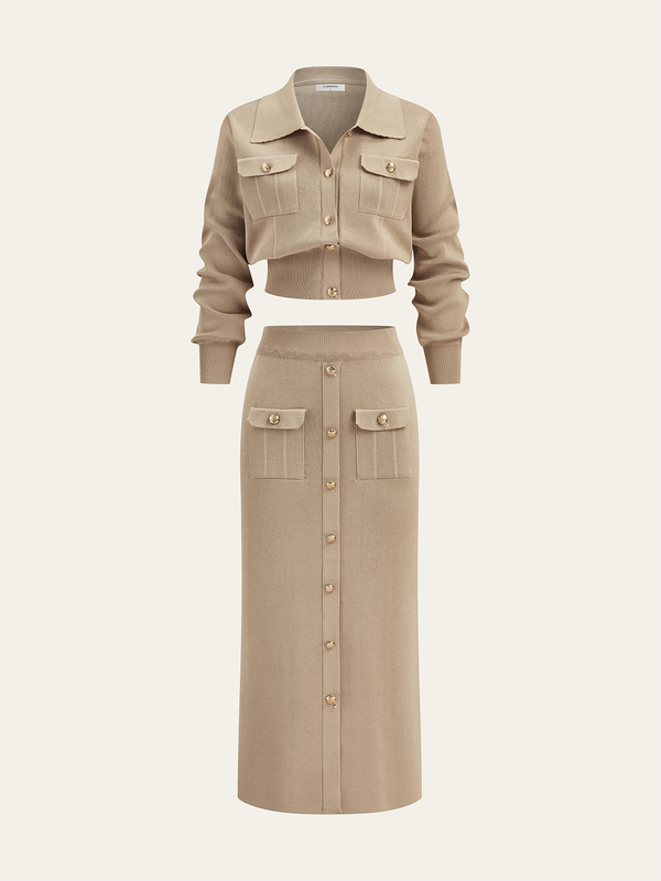 Metal Düğmeli Yakalı Hırka ve Midi Etek Takımı 