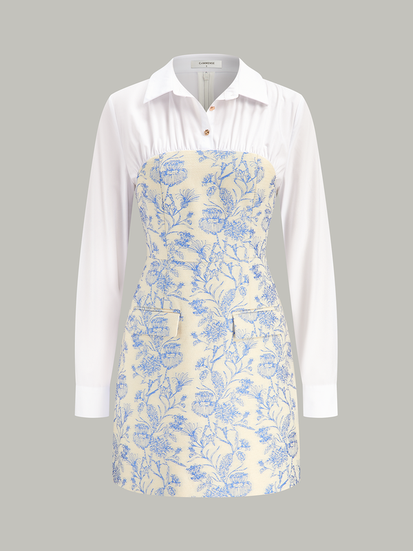 Gömlek Yaka Çiçekli Jakarlı Mini Elbise 