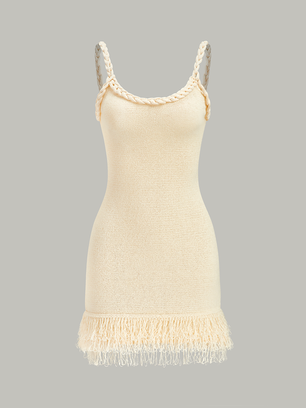 Braided Rope Strap Fringe Hem Sweater Dress