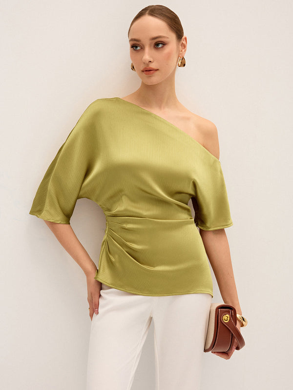 Satin One-Shoulder Ruched Top
