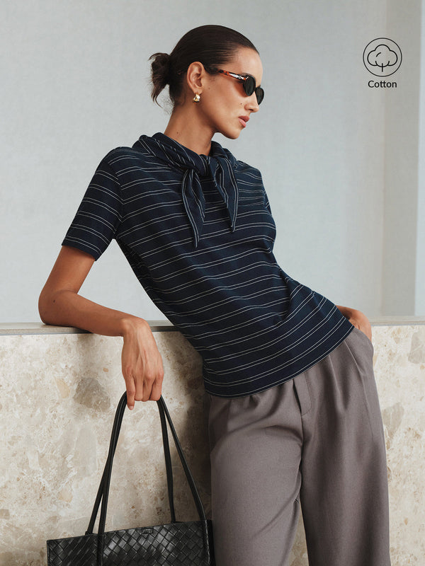 Çizgili Çıkarılabilir Atkı Yaka Tişört