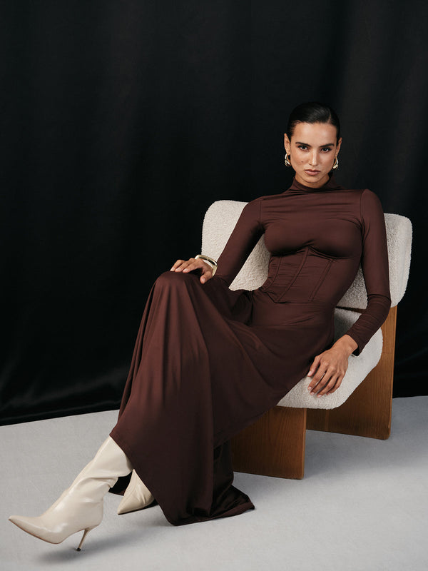 Balıkçı Yaka Korse Bel Uzun Kollu Maksi Elbise 