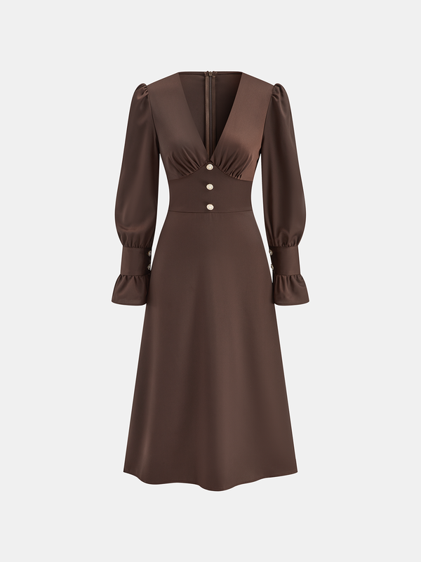 V Yaka Puf Kollu Düğmeli Dar Elbise 