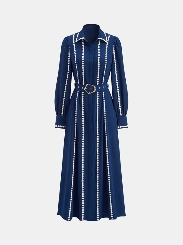 Kontrast Dantel Kenarlı Kemerli Gömlek Elbise 