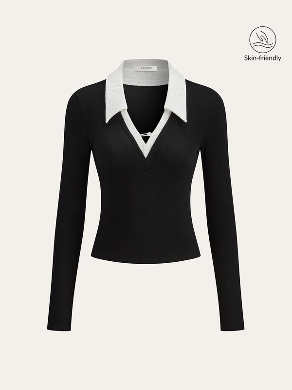 Lace Trim Collar Cotton Blend T-Shirt