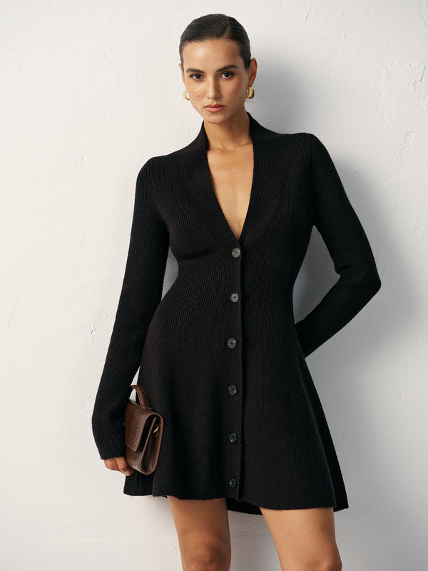 V Yaka Düğmeli Yün Karışımlı Kazak Elbise 