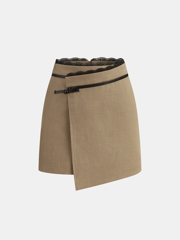 Dantel Kenarlı Suni Deri Tokalı Mini Etek 