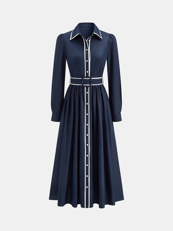 Contrast Trim Belted Pleated Shirt Dress