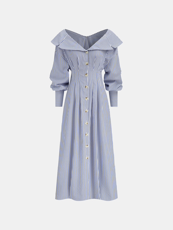 Off-Shoulder Striped Button Front Collared Dress