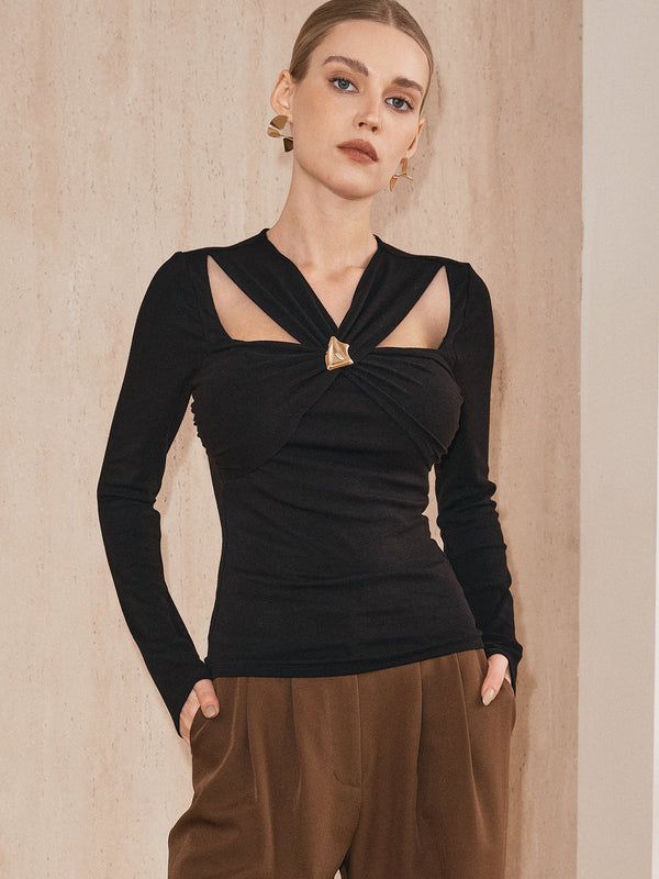 Çapraz Ön Metal Detaylı Uzun Kollu Üst 