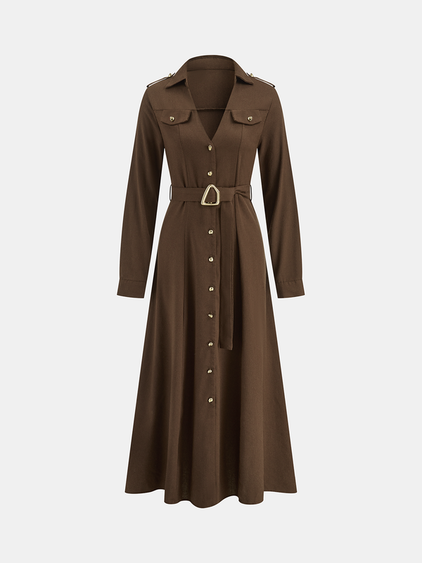 Kemerli Önü Düğmeli Gömlek Elbise 