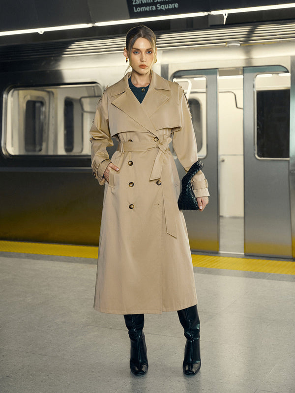 Cotton-Blend Double-Breasted Belted Long Trench Coat