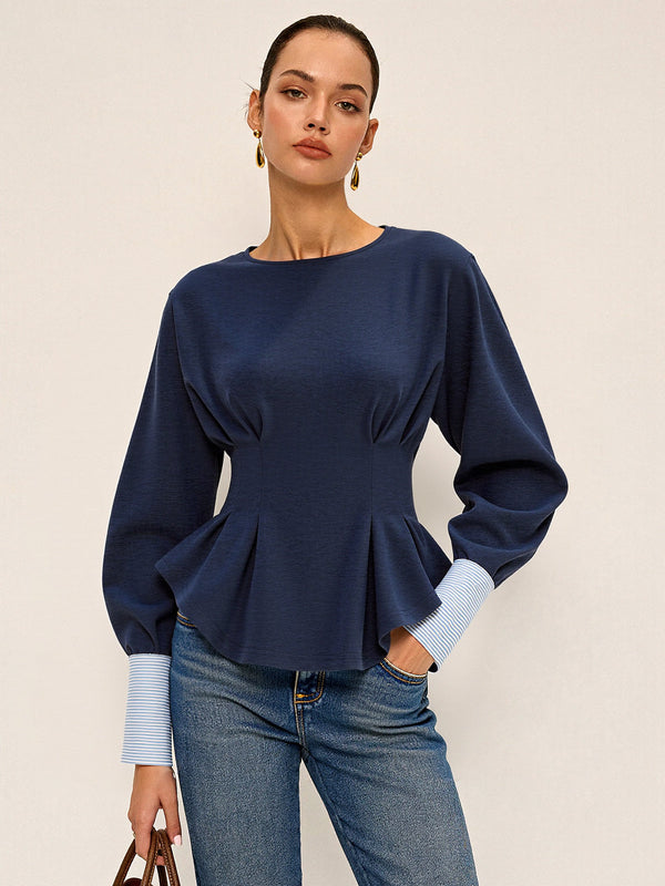 Yuvarlak Yaka Balon Kol Peplum Sweatshirt 