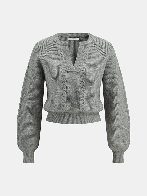 Cable Knit V-neck Puff Sleeve Sweater