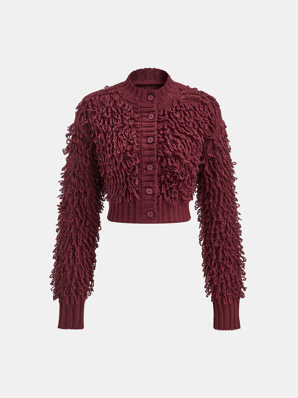 Textured Fringe Buttoned Knit Top