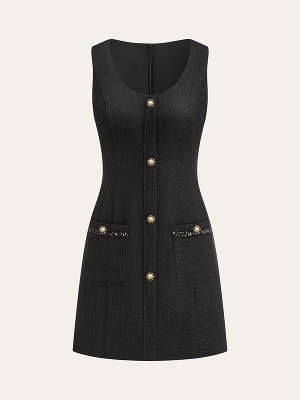 Tweed Sleeveless Button Mini Dress