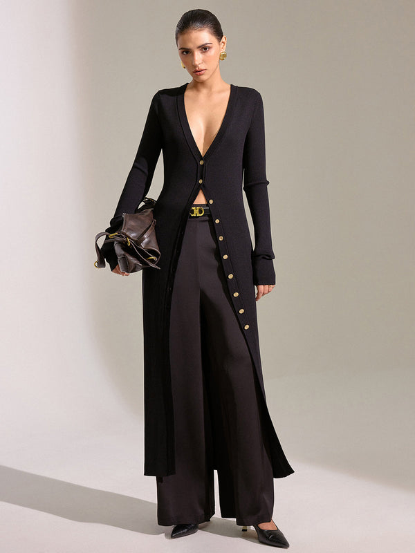 Metal Düğmeli Uzun Örgü Hırka Elbise 