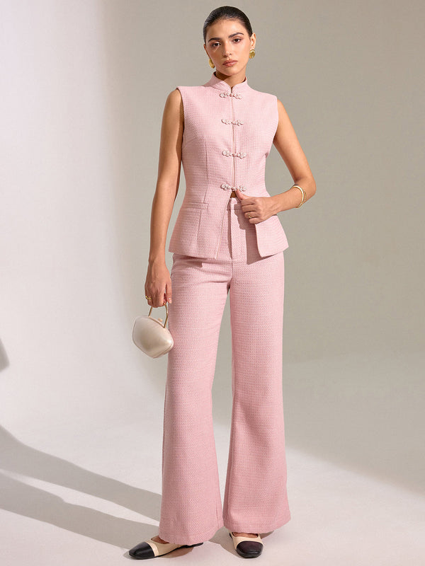 Dokulu Orta Bel Düz Paça Pantolon 