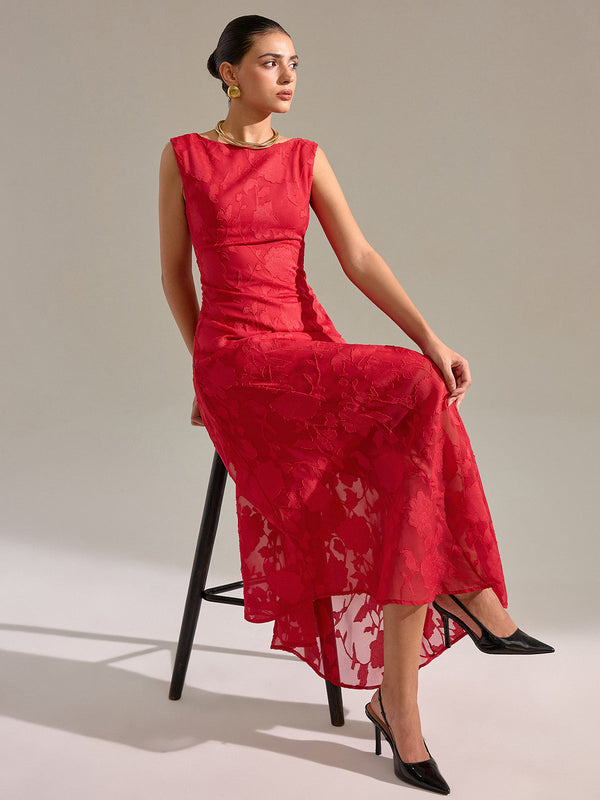 Çiçekli Jakarlı Kolsuz Uzun Elbise 