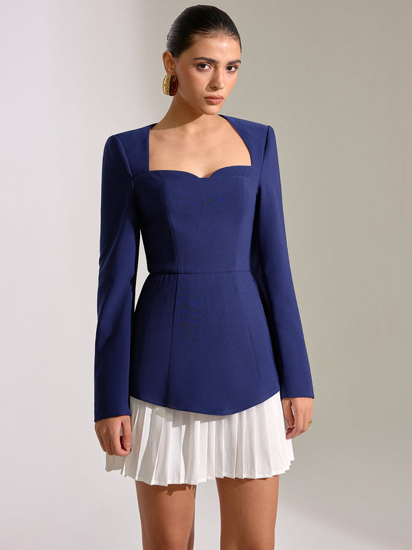 Kontrast Katlı Etek Ucu Kare Yaka Mini Elbise