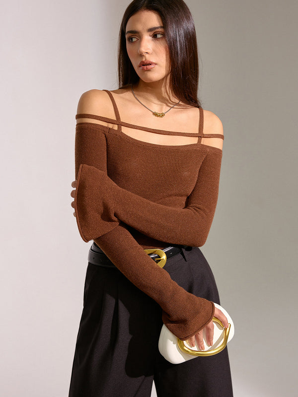 Flared Cuff Wool Blend Off-Shoulder Knit Top