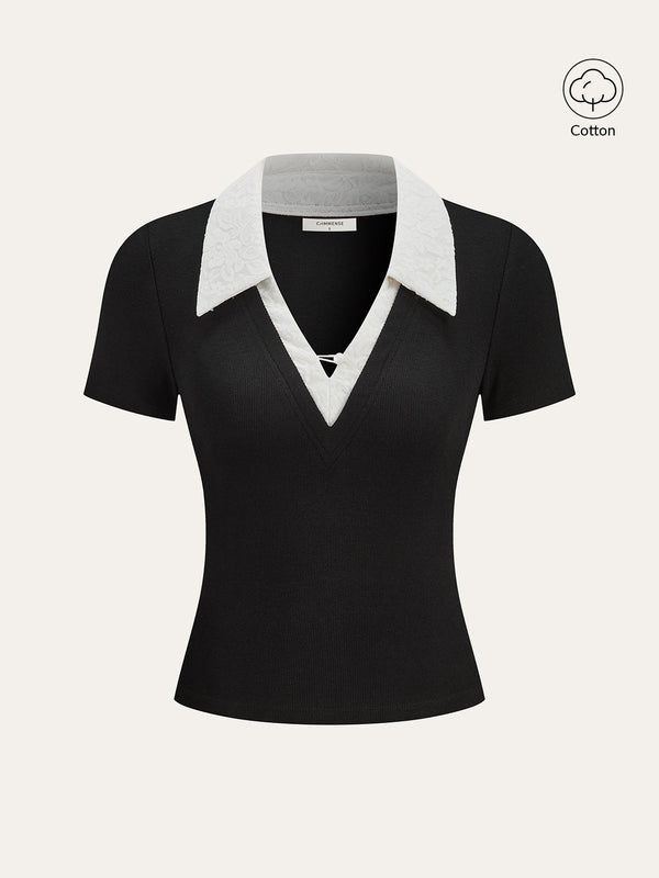 Kontrast Dantel Yaka Pamuk Karışımlı Tişört 