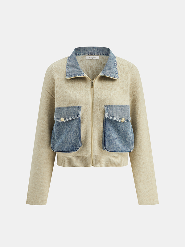 Denim Panel Zipper-Form Knit Cardigan