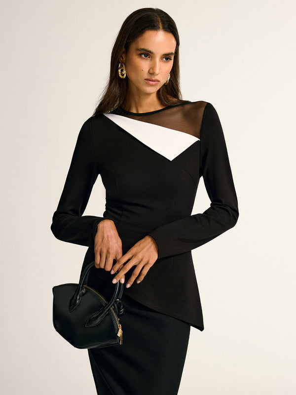 File Yaka Kontrast Panel Asimetrik Bluz 