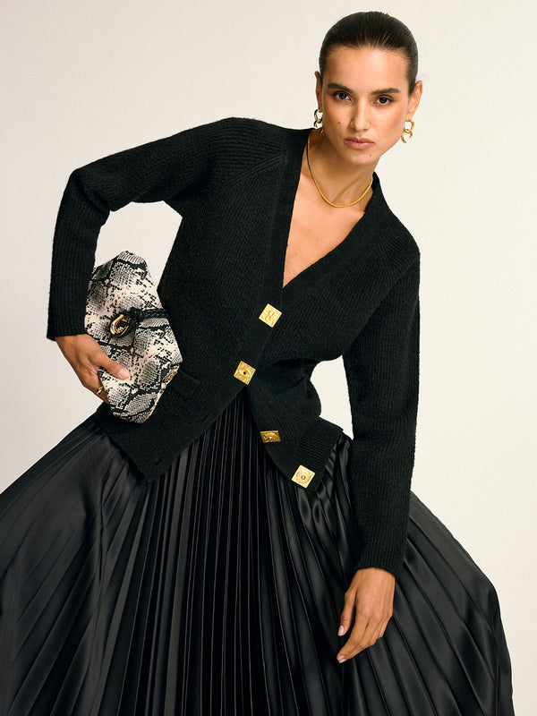 Metal Düğmeli V Yaka Yün Karışımlı Hırka 