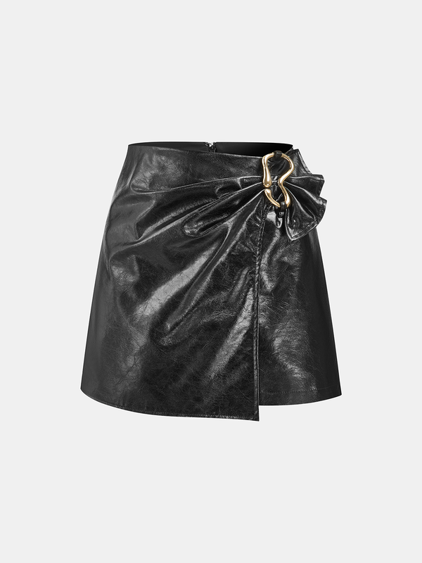 Metal Buckle Faux Leather Asymmetric Mini Skirt