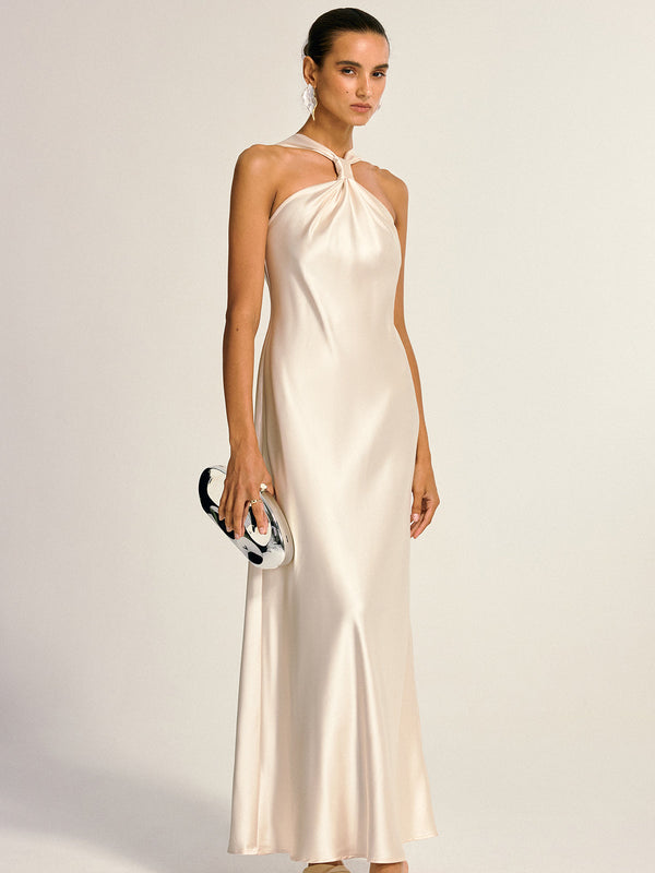 Saten Halter Yaka Sırtı Yırtmaçlı Uzun Elbise 