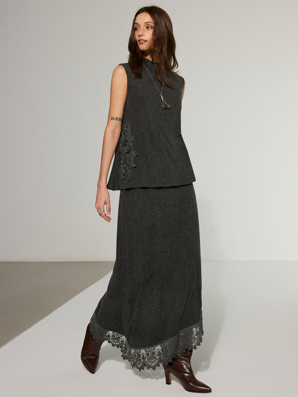 Dantelli Kolsuz Üst ve Uzun Etek Takımı 