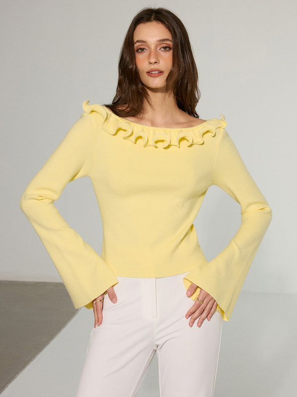 Omuzları Açık Volanlı Yaka Kloş Kollu Kazak 