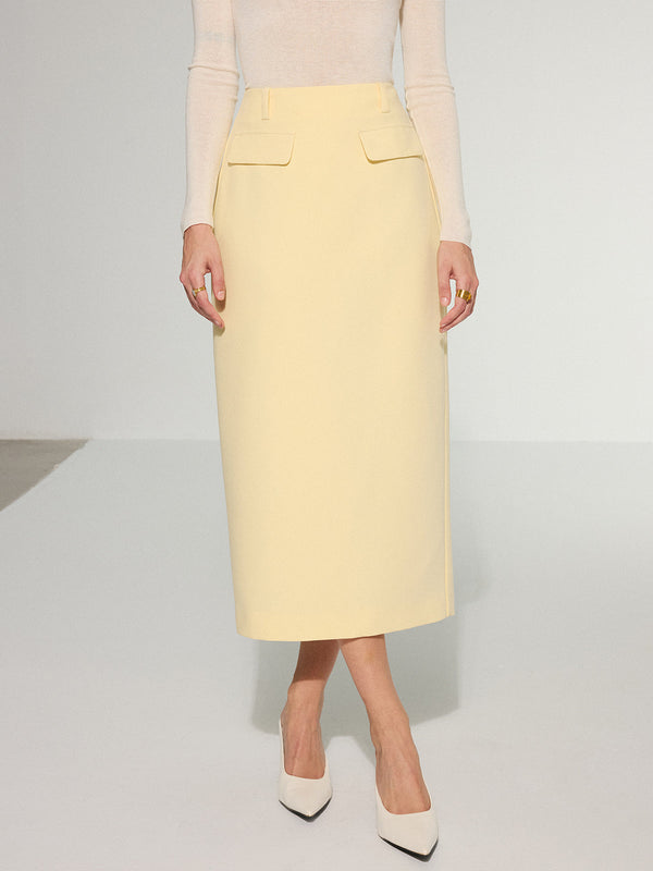 Dekor Cepli Arka Yırtmaçlı Midi Etek 