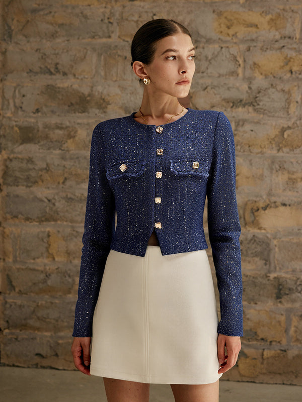 Metal Düğmeli Pullu Tweed Blazer 