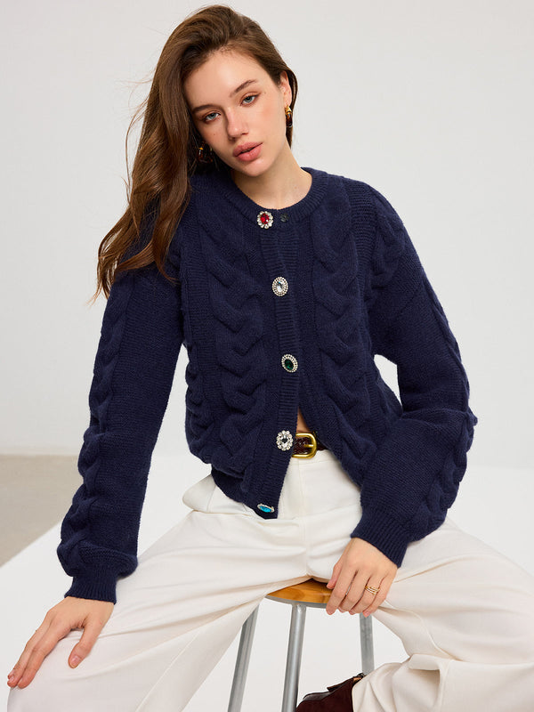 Cable Knit Rhinestone Button Cardigan