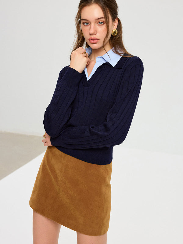 Shirt Collar Panel Knit Top