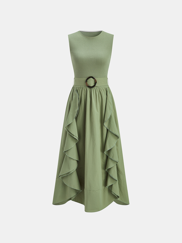 Pamuk Karışımlı Volanlı Kemerli Kolsuz Uzun Elbise 