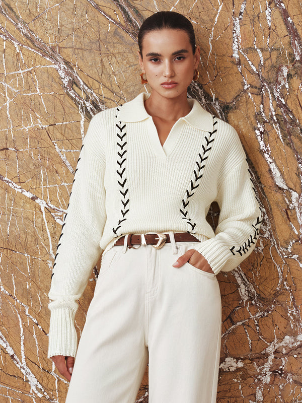 Kontrast Dikişli Polo Yaka Kablo Örgü Üst 